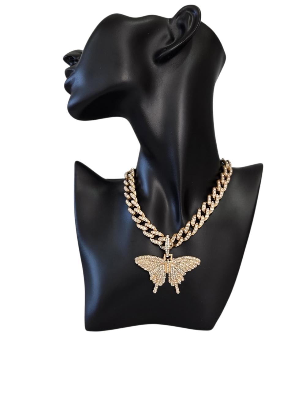 Gold Tone Butterfly Pendant Cuban Link Necklace - Women Jewelry